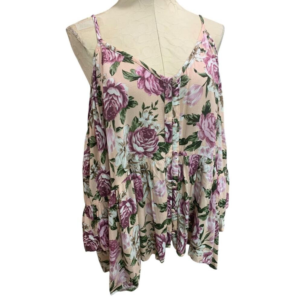 Size 3X Torrid Womens Plus Size Rose Print Cold Shoulder‎ Blouse V-Neck Shirt